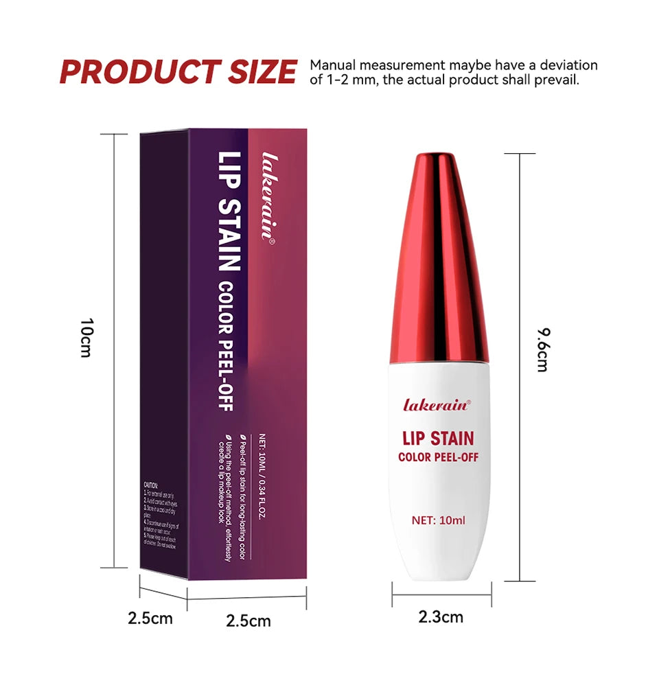 Lakerain waterproof peel-off lip stain with red cap, white bottle, and purple packaging. Long-lasting matte lip makeup.