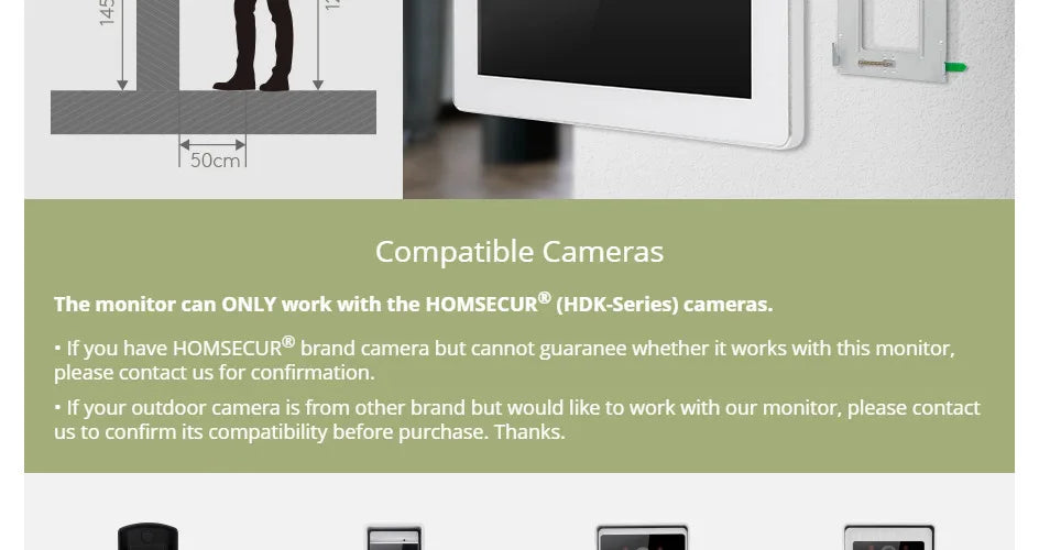 BA22D-W 4 Wire 7" Touch Screen Monitor Motion Detection For HOMSECUR Tuya Smart WIFI Video Doorphone 1080P FHD