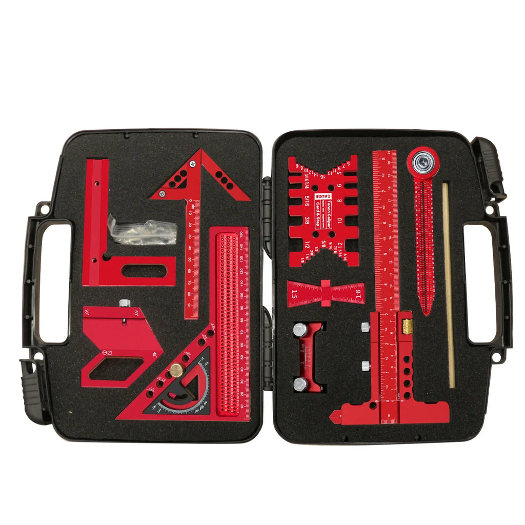 9Pcs Woodworking Square Kit with Box, Aluminum Scribeing Ruler,Center Finder,Circular Drawing Compass,Honing Guide,Height Gauge