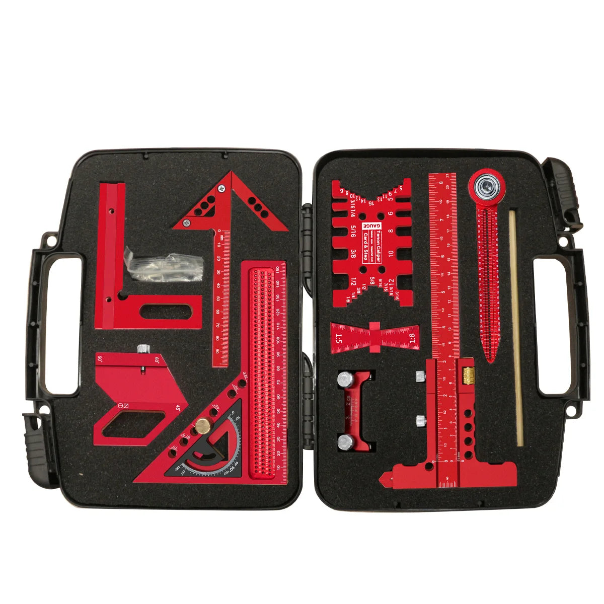 9Pcs Woodworking Square Kit with Box, Aluminum Scribeing Ruler,Center Finder,Circular Drawing Compass,Honing Guide,Height Gauge