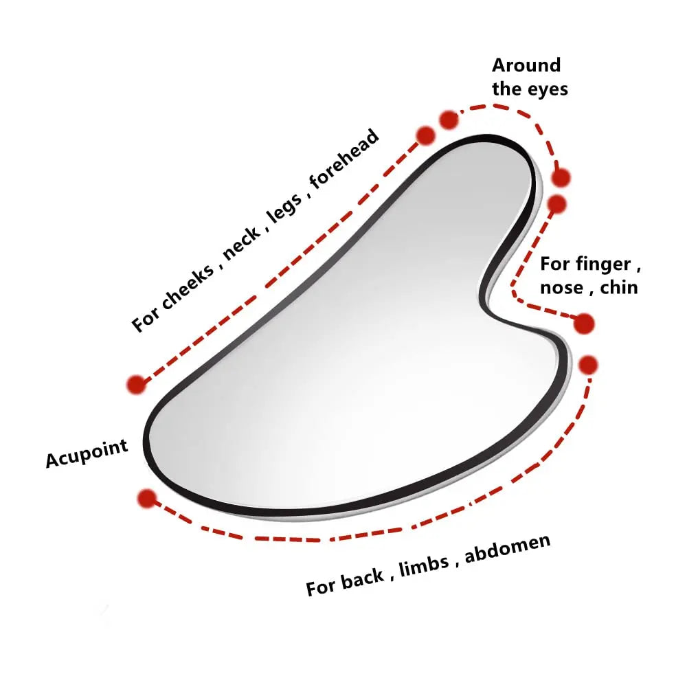Silver heart-shaped stainless steel Gua Sha tool with labels indicating different facial and body massage areas.