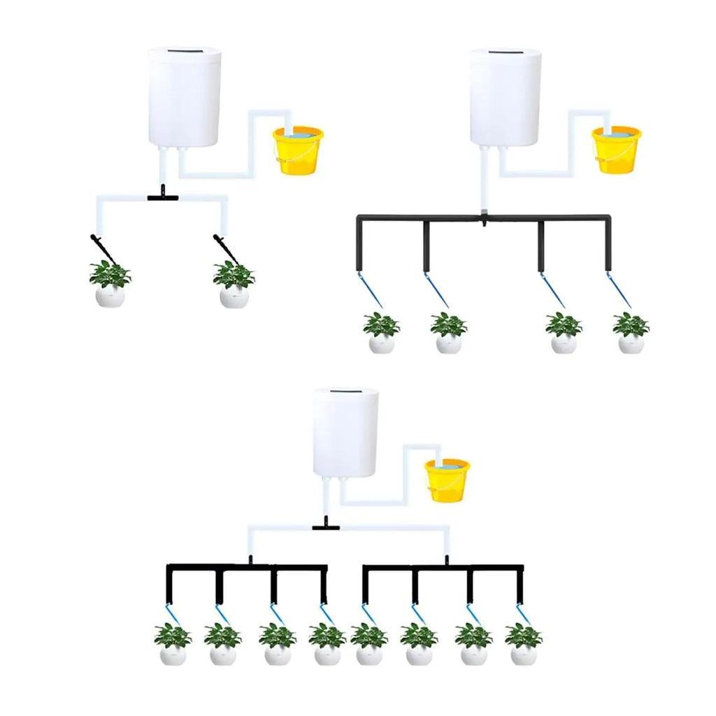 Automatic plant watering pump system with tubing and drippers, kit shown in different layouts.