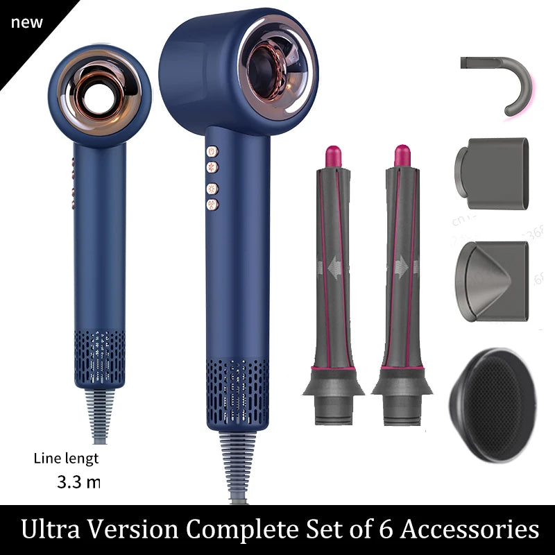 Blue leafless negative ion hair dryer with 6 styling attachments and long power cord for professional home hair care.