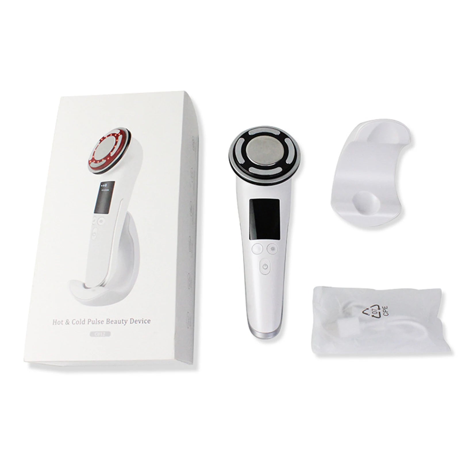 White hot and cold pulse beauty device with base, EMS, light therapy, and charging cable on a white background.