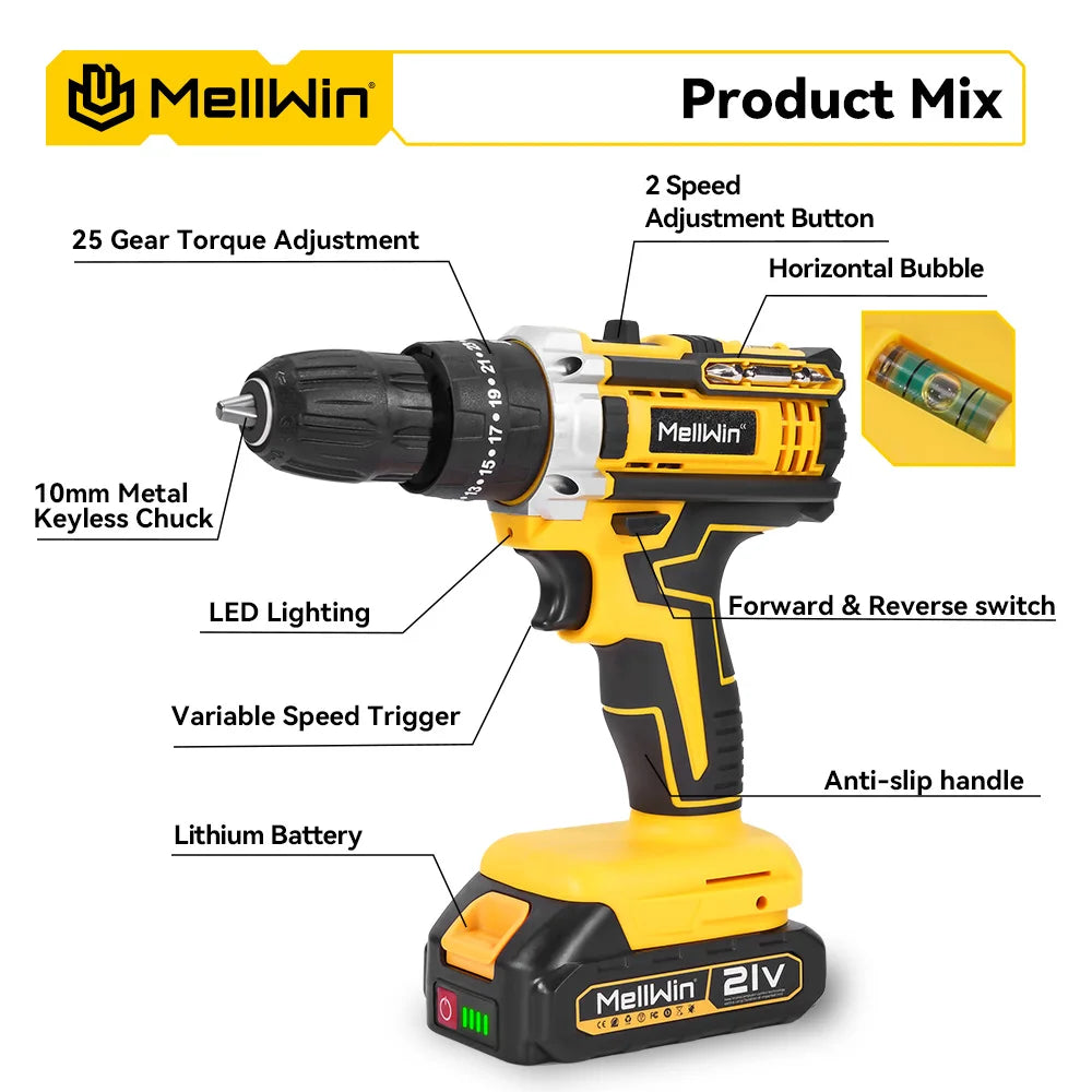 MELLWIN 25+3 Torque Electric Impact Drill Set Multipurpose Cordless Electric Screwdriver Power Tool For Makita 18V Battery Pin