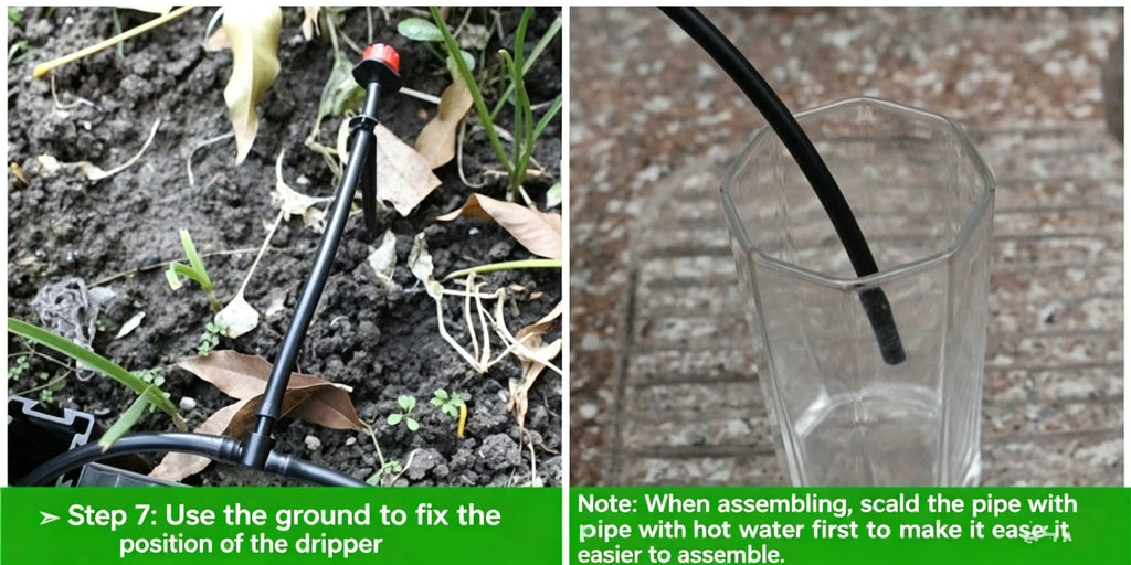 Micro drip irrigation tube secured in soil with dripper stake and water feed tube