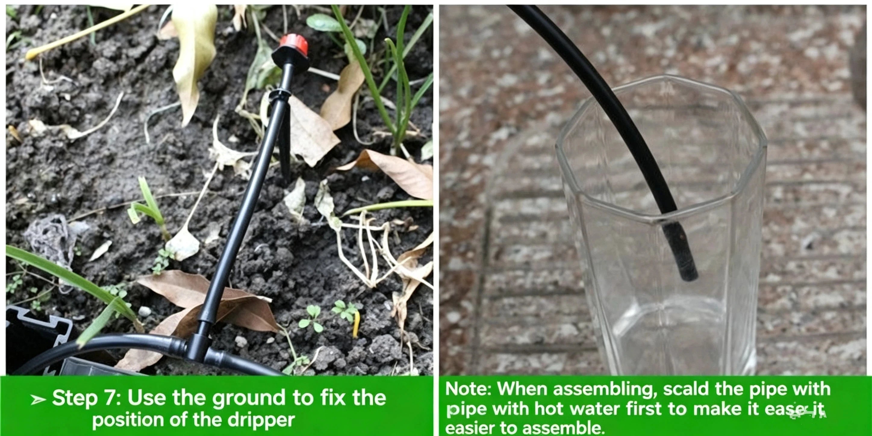 Micro drip irrigation tube secured in soil with dripper stake and water feed tube