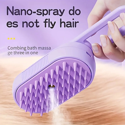 Purple steam pet grooming brush with silicone bristle head and mist nozzle