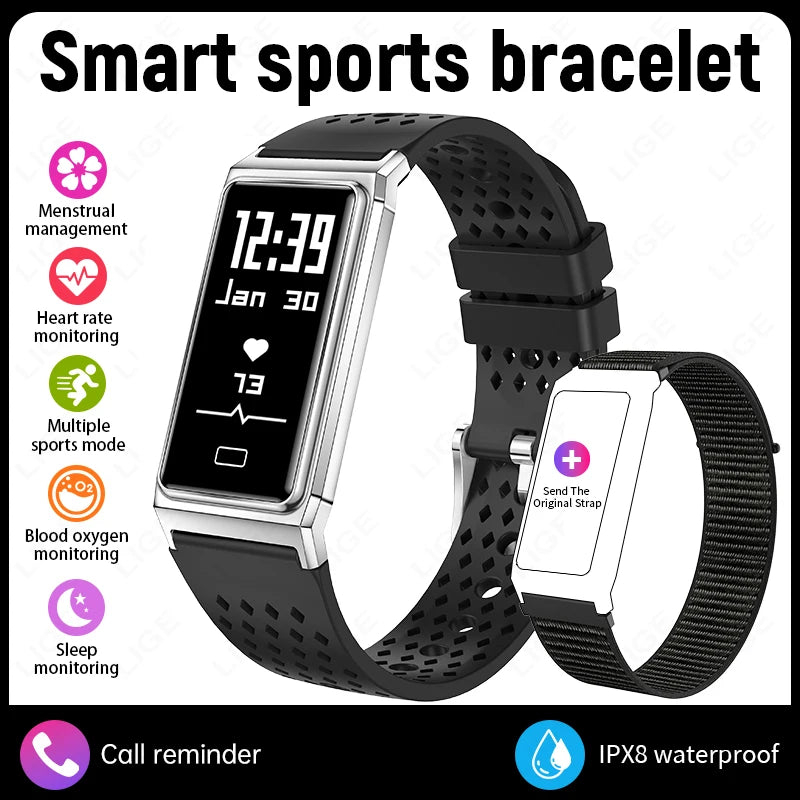 Black smart sports bracelet set with rectangular screen and perforated silicone band