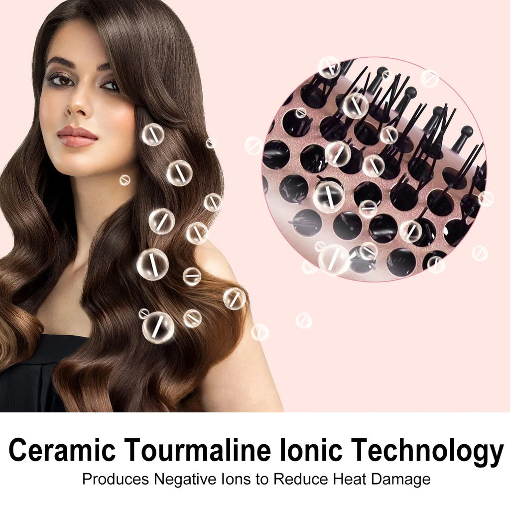 Hatteker rose gold ionic curling hair brush with ceramic tourmaline bristles for frizz-free, heat-protected styling.