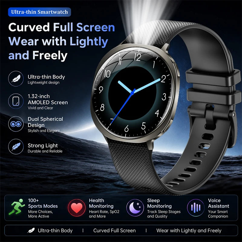 Round smartwatch with dark screen and gray perforated silicone sport strap