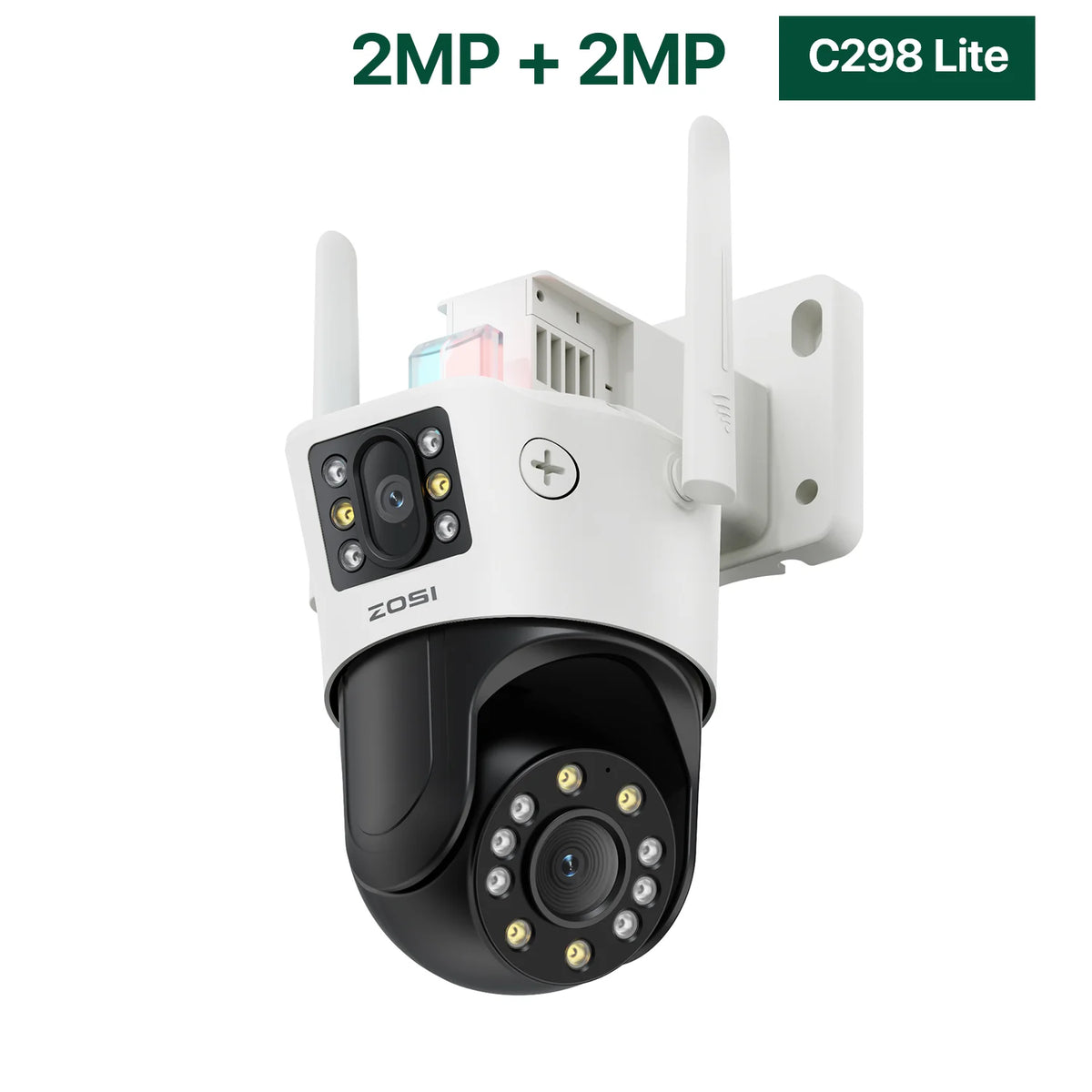 White dual-lens PTZ WiFi security camera with two rotating lens modules and wall mount