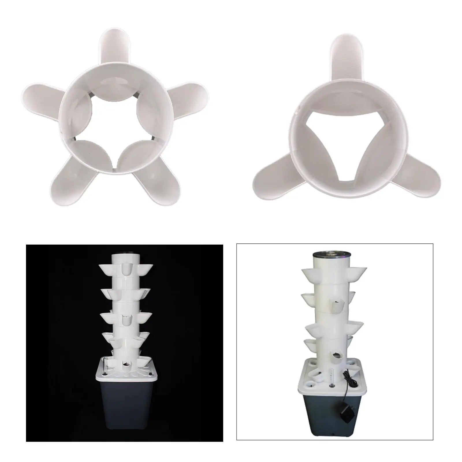 White vertical hydroponic planter tower with stacked cups and base reservoir