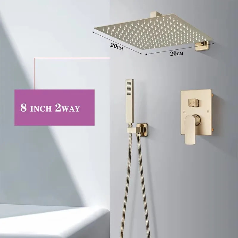 Brushed Gold Shower System, Wall Mounted Rainfall Shower Faucet Set with Handheld Sprayer, Single Lever Concealed Bathroom Mixer Valve Luxury Modern Brass Shower Combo