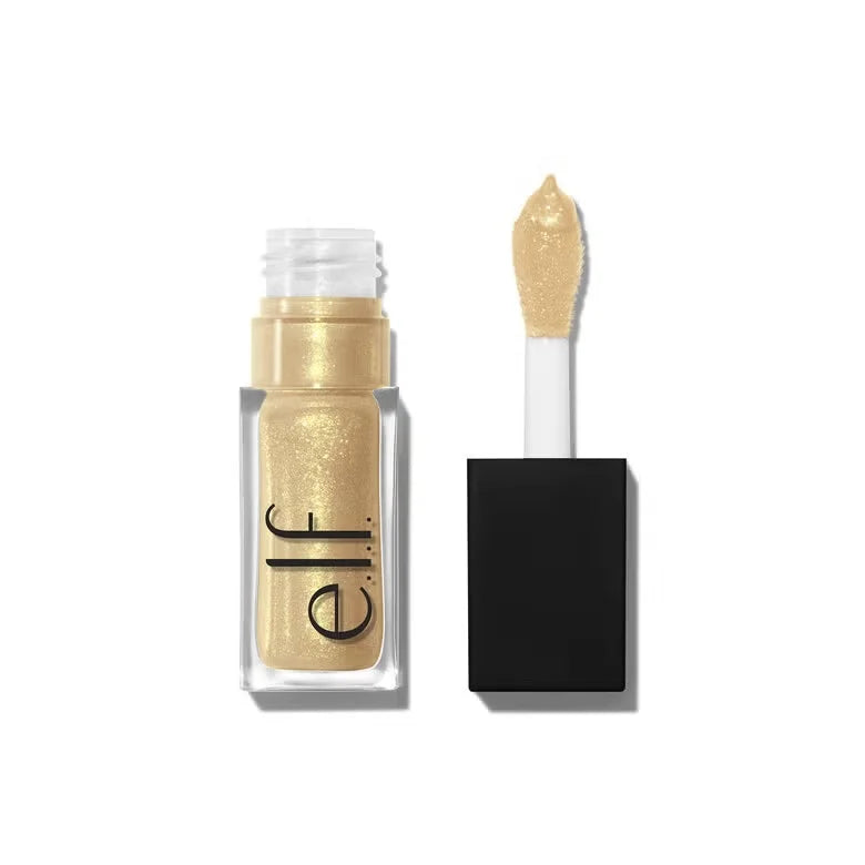 e.l.f. Glow Reviver moisturizing gold shimmery lip oil in a clear bottle with an applicator wand.