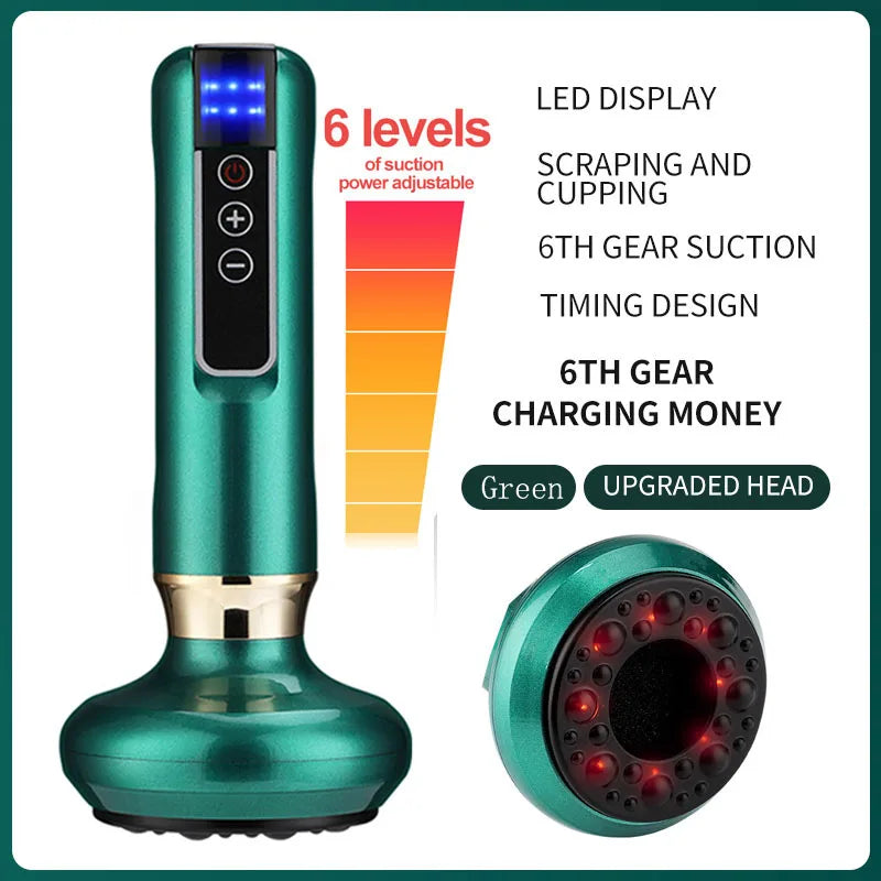 Green electric cupping massager with 6-level suction, LED display, heat therapy, and GuaSha scraping head for slimming.