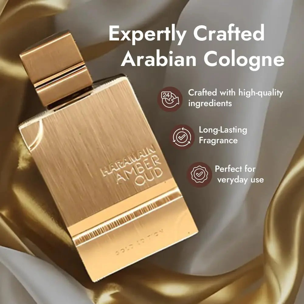 Al Haramain Amber Oud Gold Edition: 60ml unisex oriental floral EDP in a luxury rectangular gold perfume bottle.