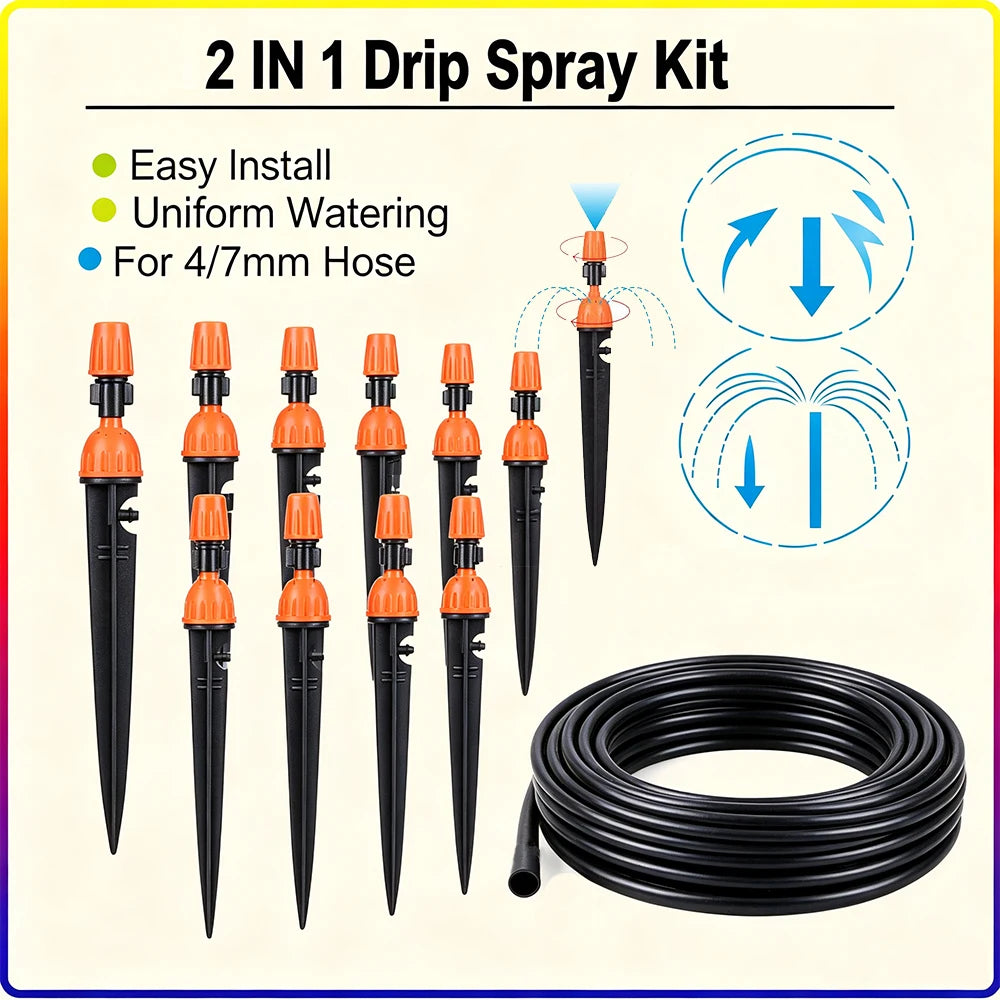 Orange and black drip spray stake kit with multiple nozzles and black tubing roll