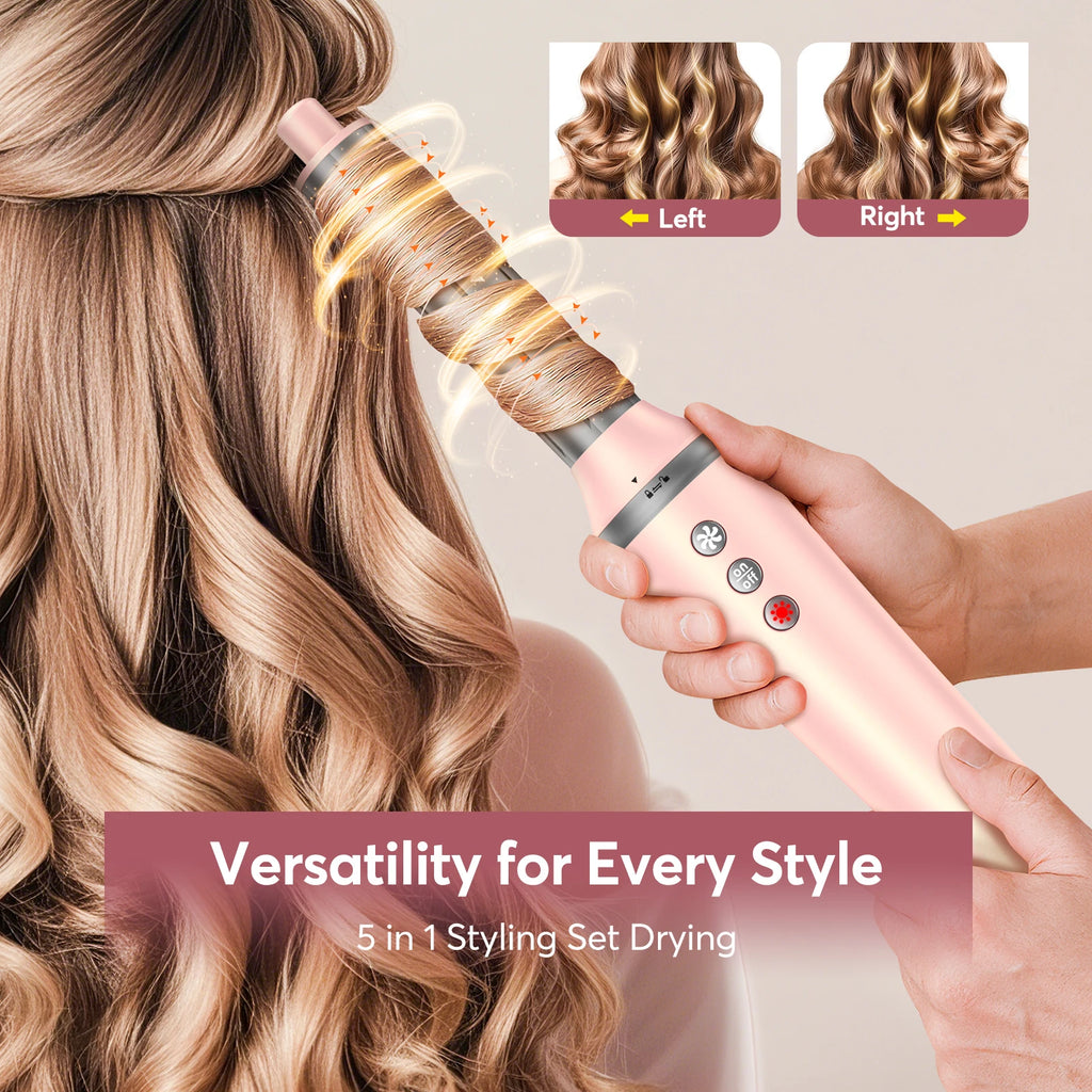 Pink 5-in-1 auto-wrap hair styler creating voluminous curls with air-flow technology for frizz-free professional styling.