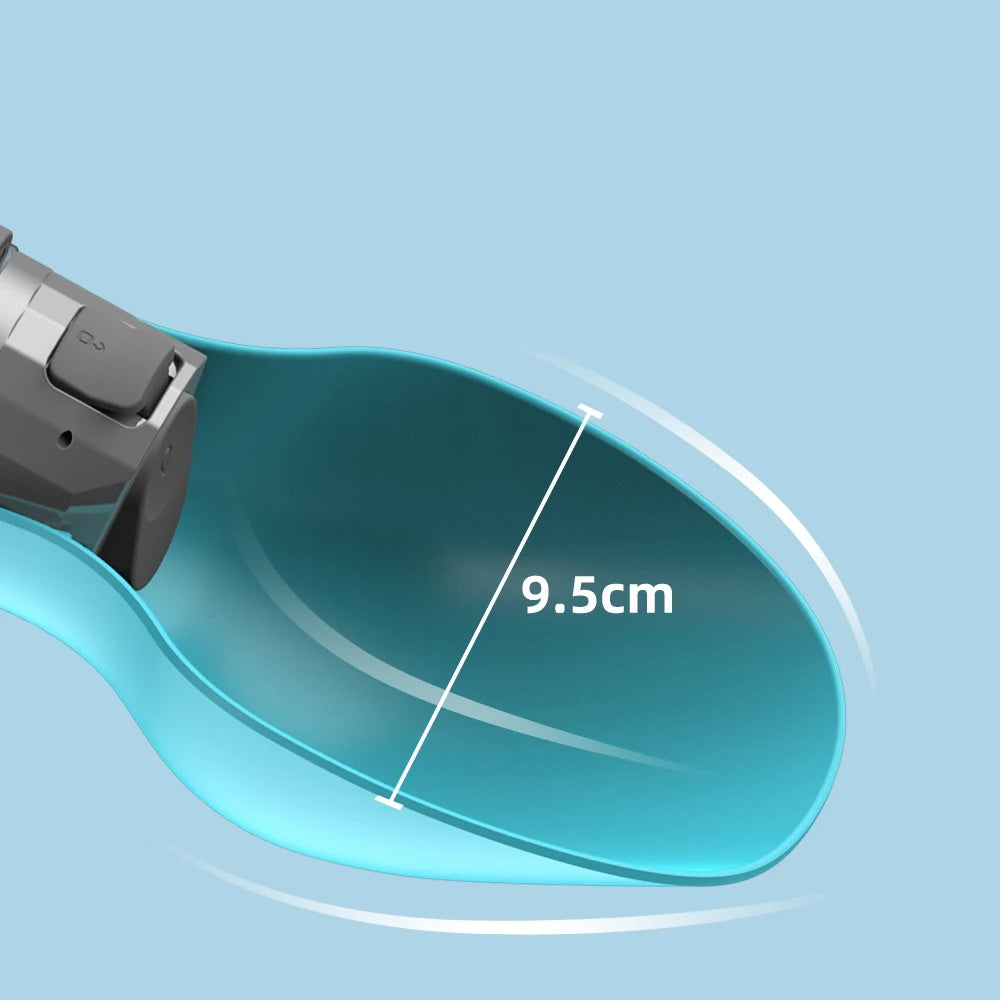 Blue 800ml portable dog water bottle with 9.5cm wide drinking bowl for easy outdoor travel hydration for pets.