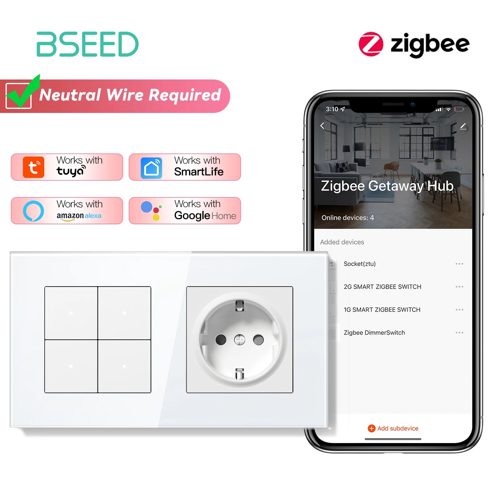 Zigbee Smart Light Switch Glass Panel - App-Controlled Automation Zigbee 4G Socket Sockets No Zigbee Tidesmit