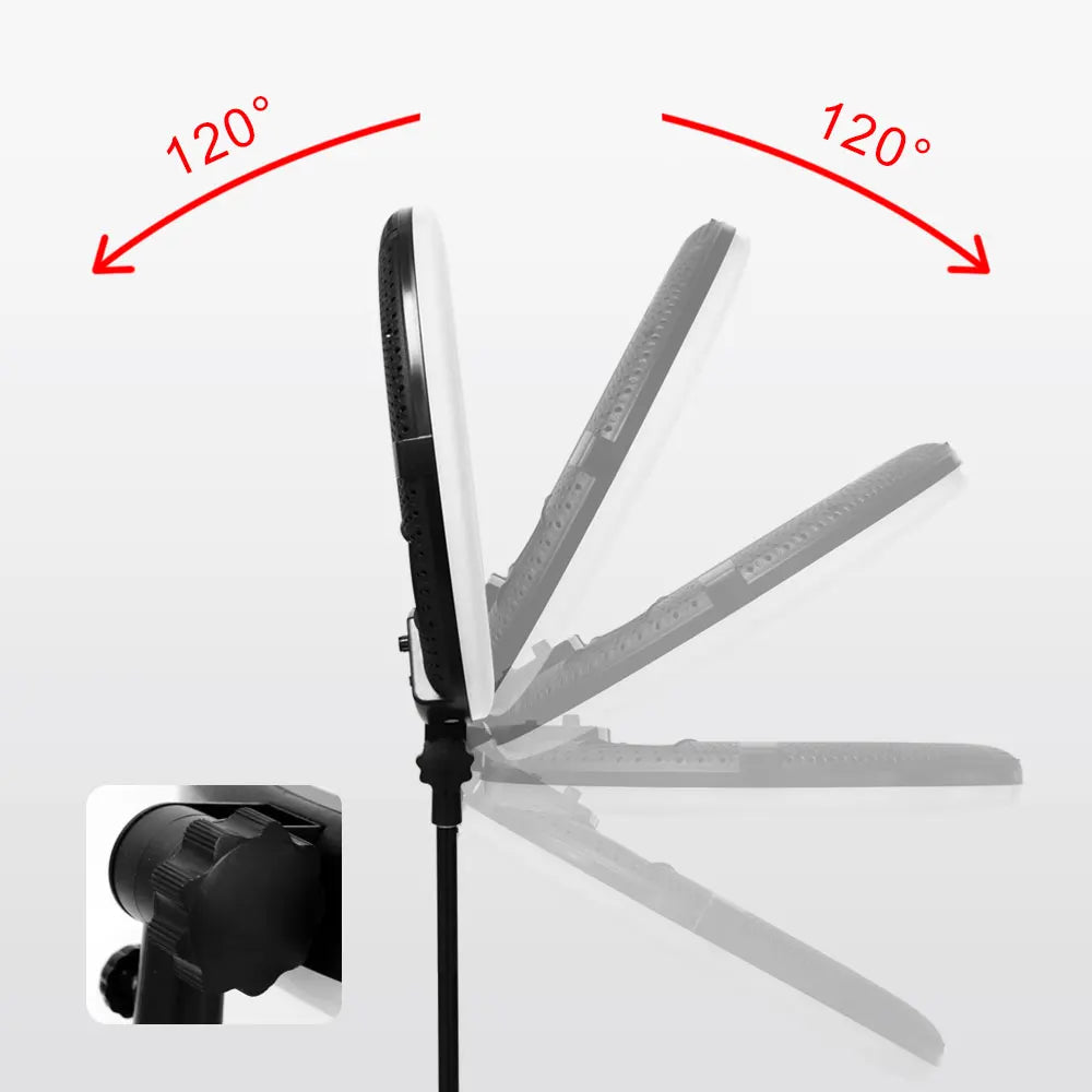 Round LED ring light with adjustable 120-degree tilt head on a stand, showing range of motion for lighting angles.