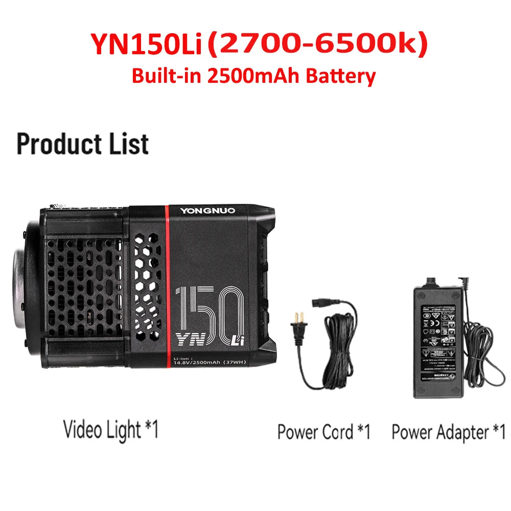 YN150Li portable LED video light with honeycomb casing, battery, power cord, and adapter.