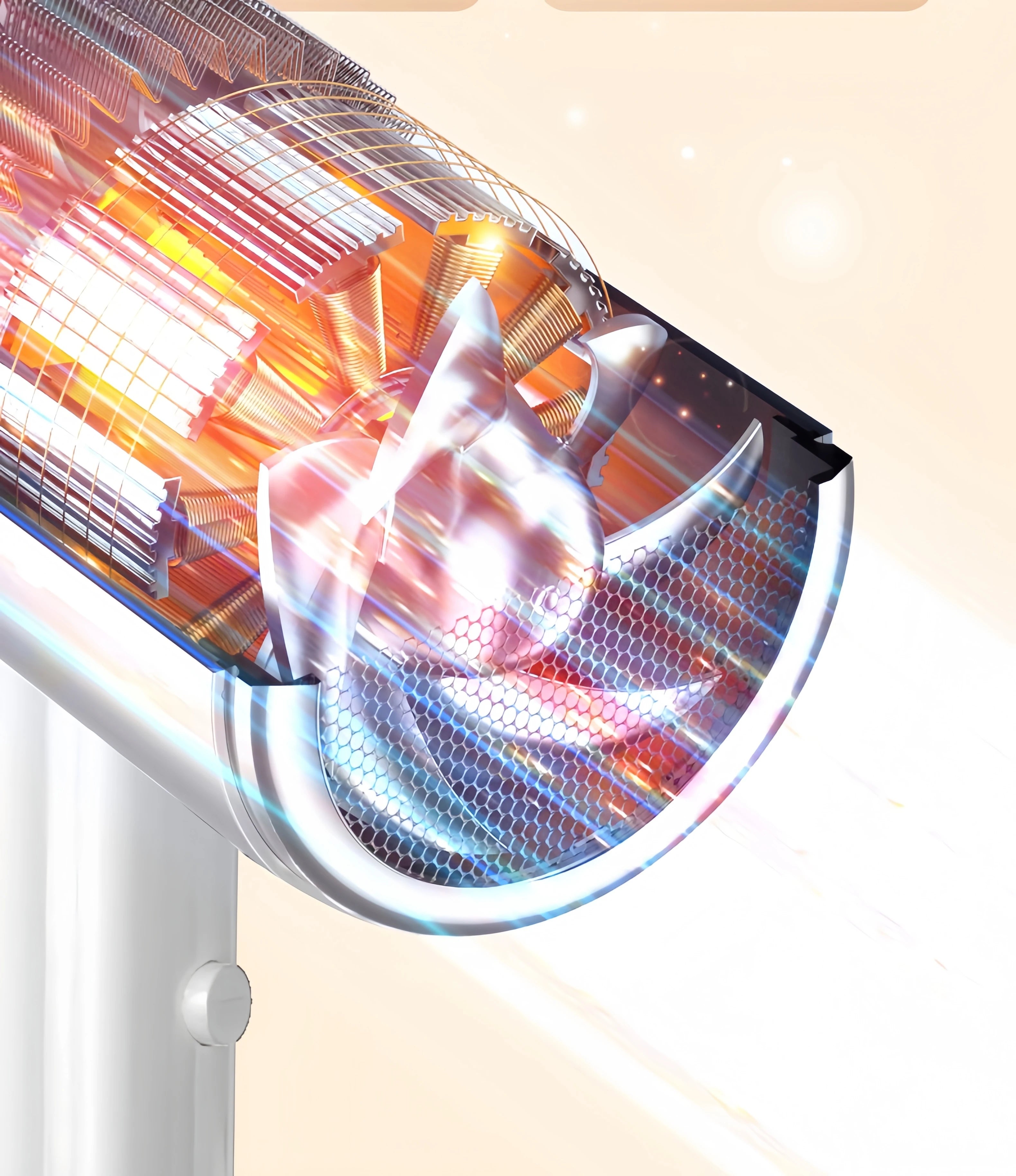 Internal view of Gmdq 1800W hair dryer showing high-speed motor, fan, and heating element for quick, constant drying.