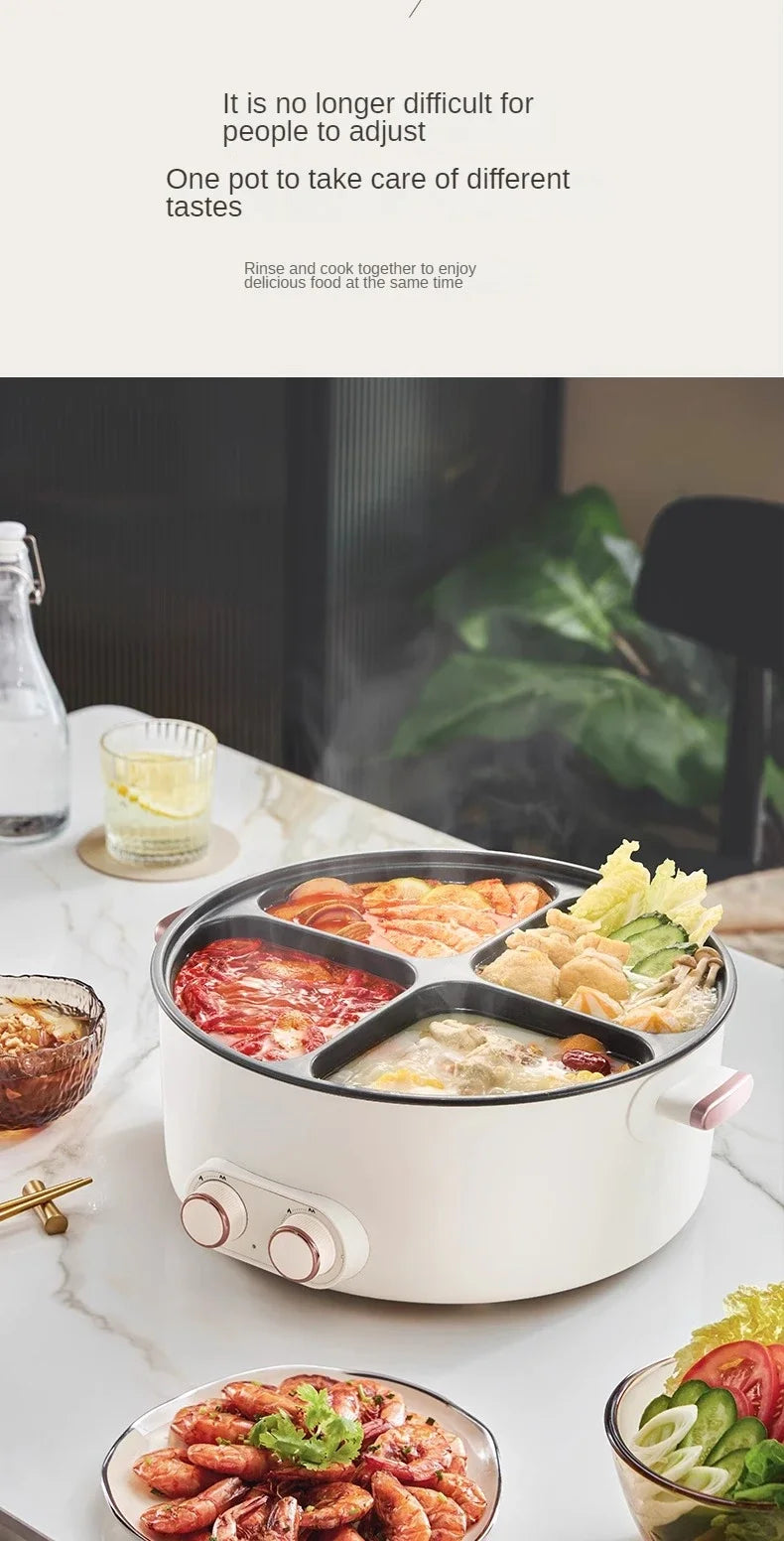 White 4-compartment electric hot pot on table, lid on with multiple meals inside