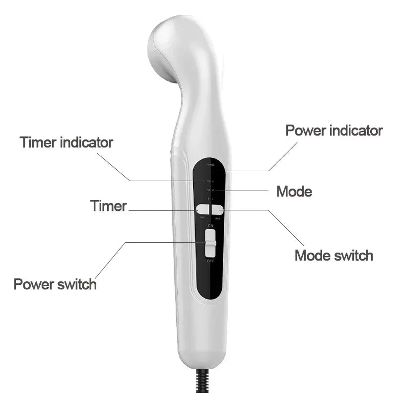 White handheld ultrasound physiotherapy device for pain relief with power, mode, and timer control switches.
