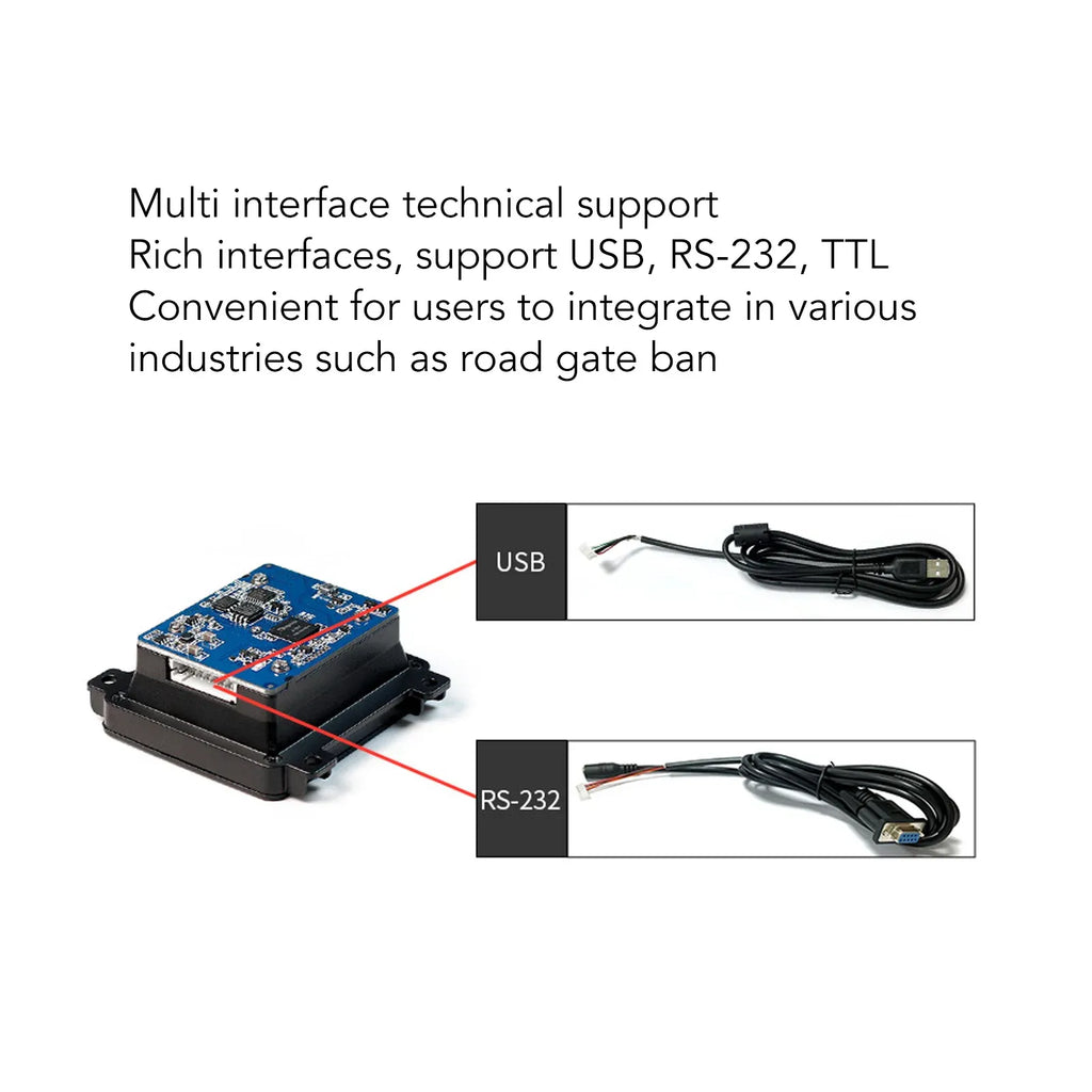 Black barcode scanner module with USB and RS-232 cables, multi-interface support