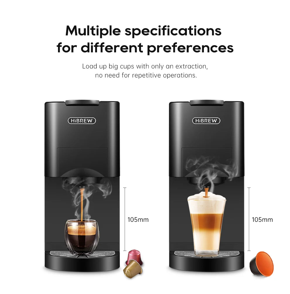 HiBREW black capsule coffee maker showing 105mm height clearance for large cups and espresso extraction.