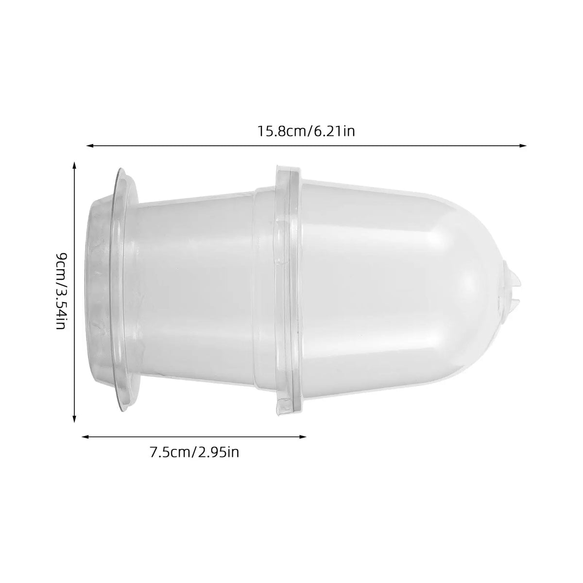 Seed raising cup, transparent base with clear lid; side view and dimensions