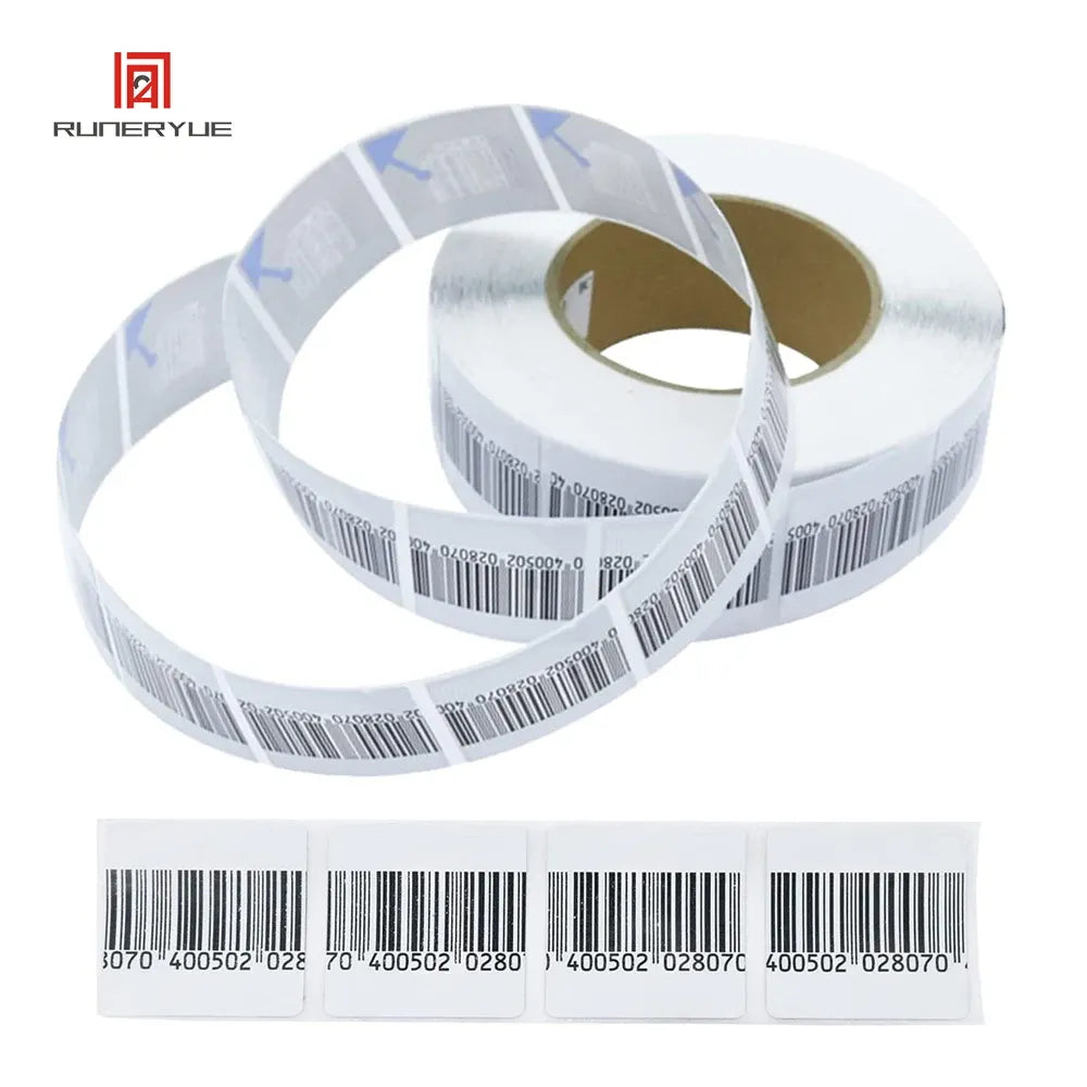 White RF security label roll with barcode printing and blue alignment marks
