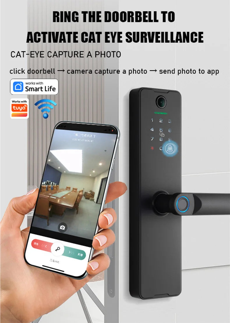 WAFU Tuya Smart Life WIFI Remotely Unlock Biometric Fingerprint Door Lock Visible Digital Electronic Card Door Lock with Camera