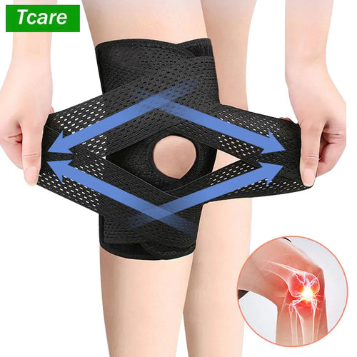 Black mesh knee brace for orthopedic pain relief and joint support with adjustable straps.