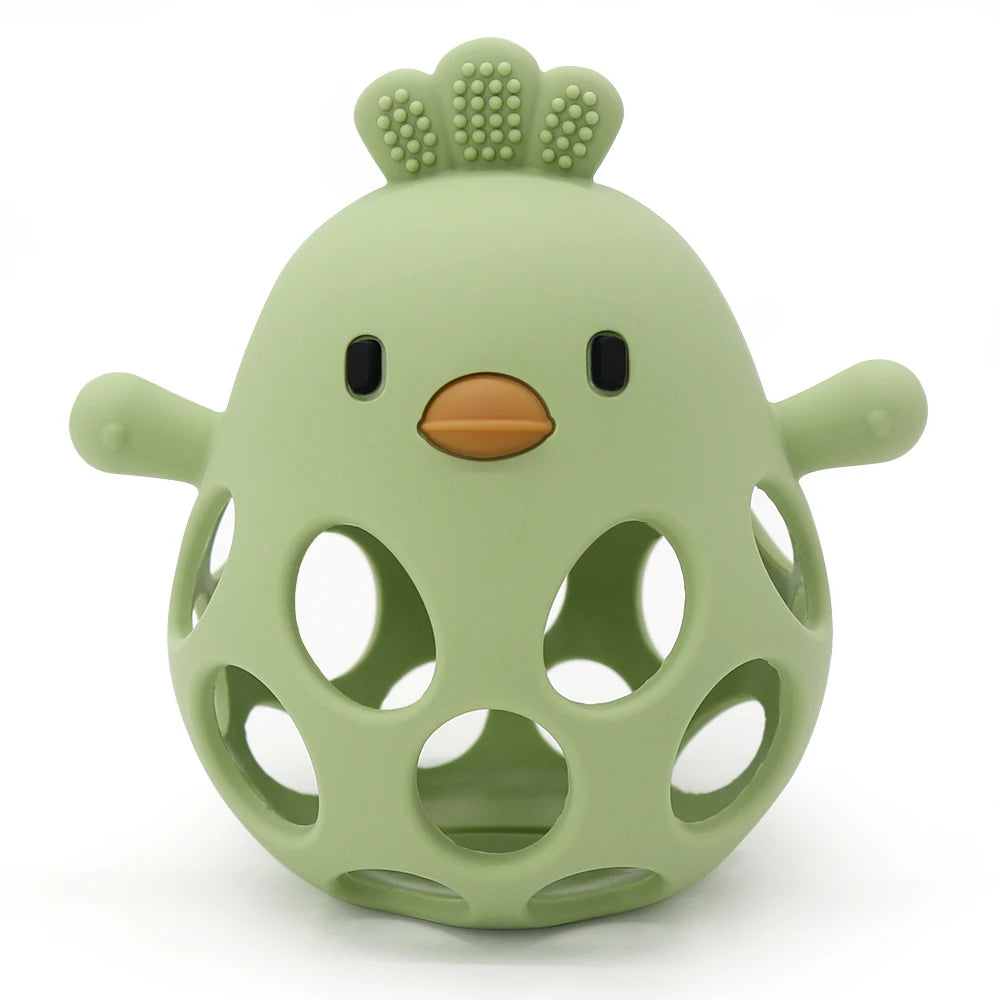 Green silicone baby teething toy shaped like a cute bird for soothing sore gums.