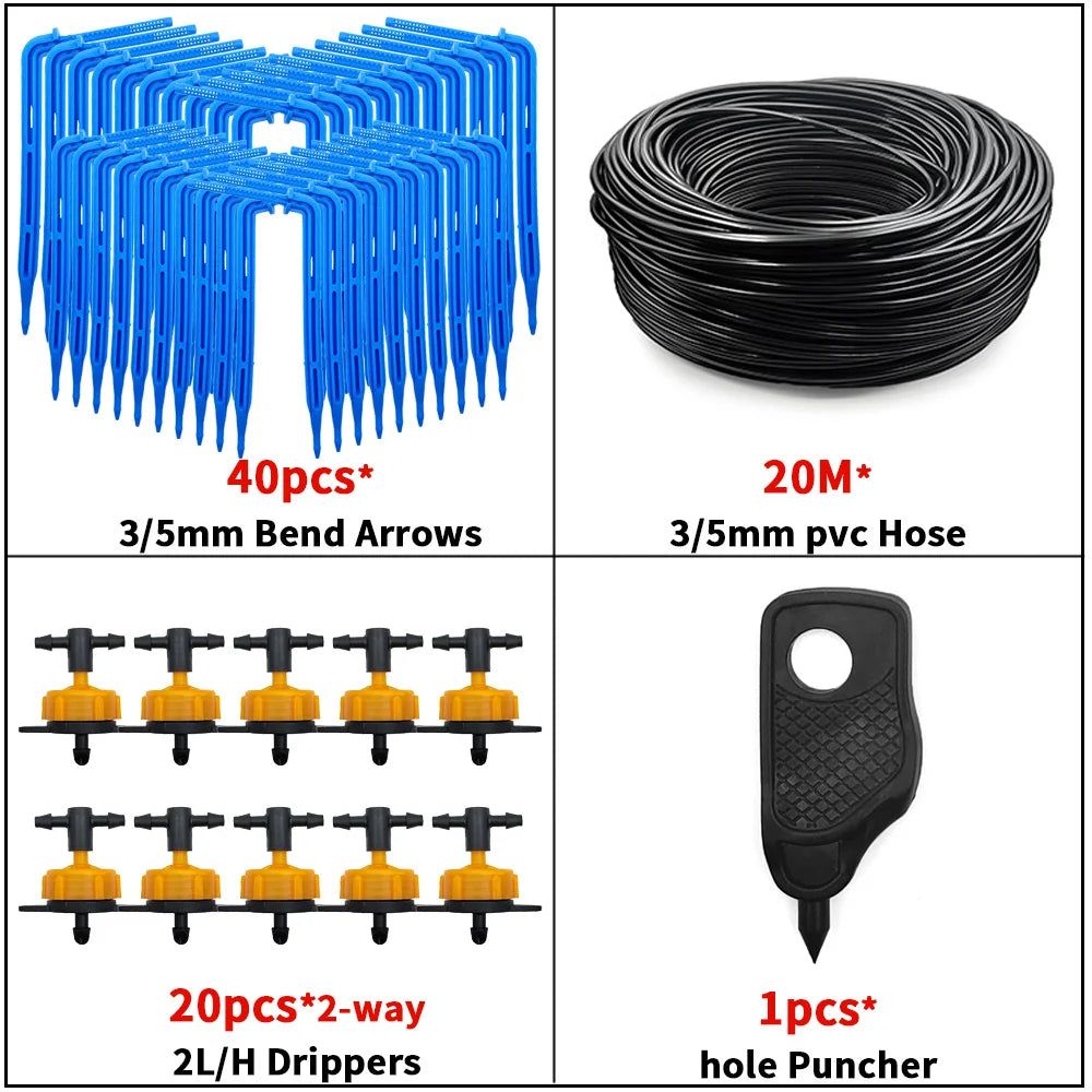 Drip irrigation arrow stakes set with 20m 3/5mm hose coil and hole puncher, 2-way