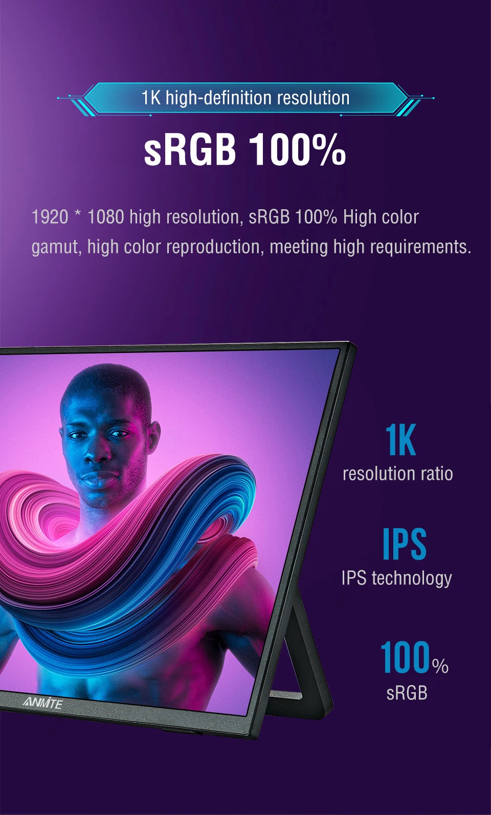 Anmite 18.5inch Portable Monitor 120Hz RGB100% With VESA Hole & Back bracket Laptop Extended Display ADS-IPS HDR Screen