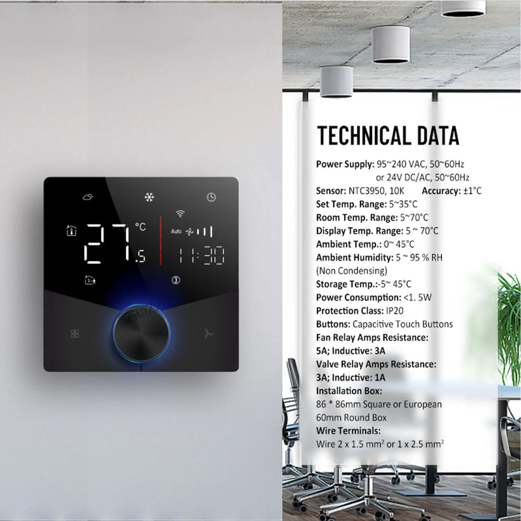 2/4 pipe wifi thermostat central air conditioning 3-speed fan coil rotating temperature adjustment voice TUYA  Alexa 24V