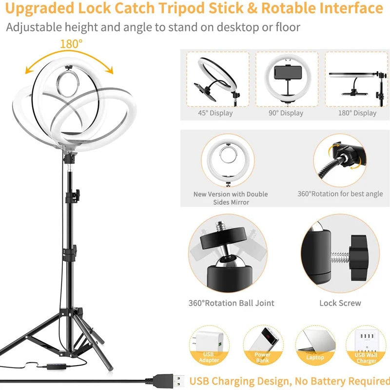 Black LED ring light on an adjustable tripod stand with a double-sided mirror, ball joint, and USB power cable.