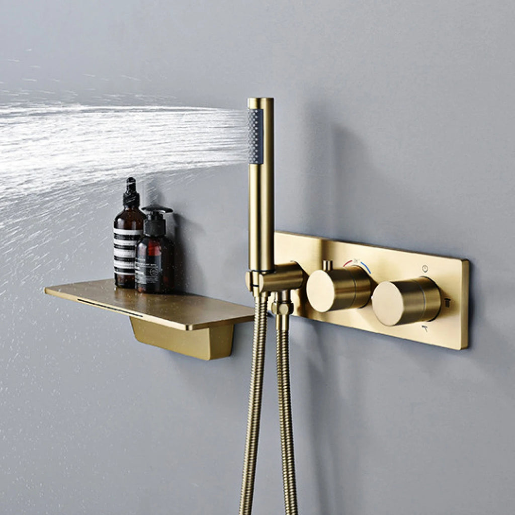 Modern Black Brass Bathroom Thermostatic Ceiling Type Shower System Wall-Mounted 3-Function Waterfall Tap for Cold & Hot Wate