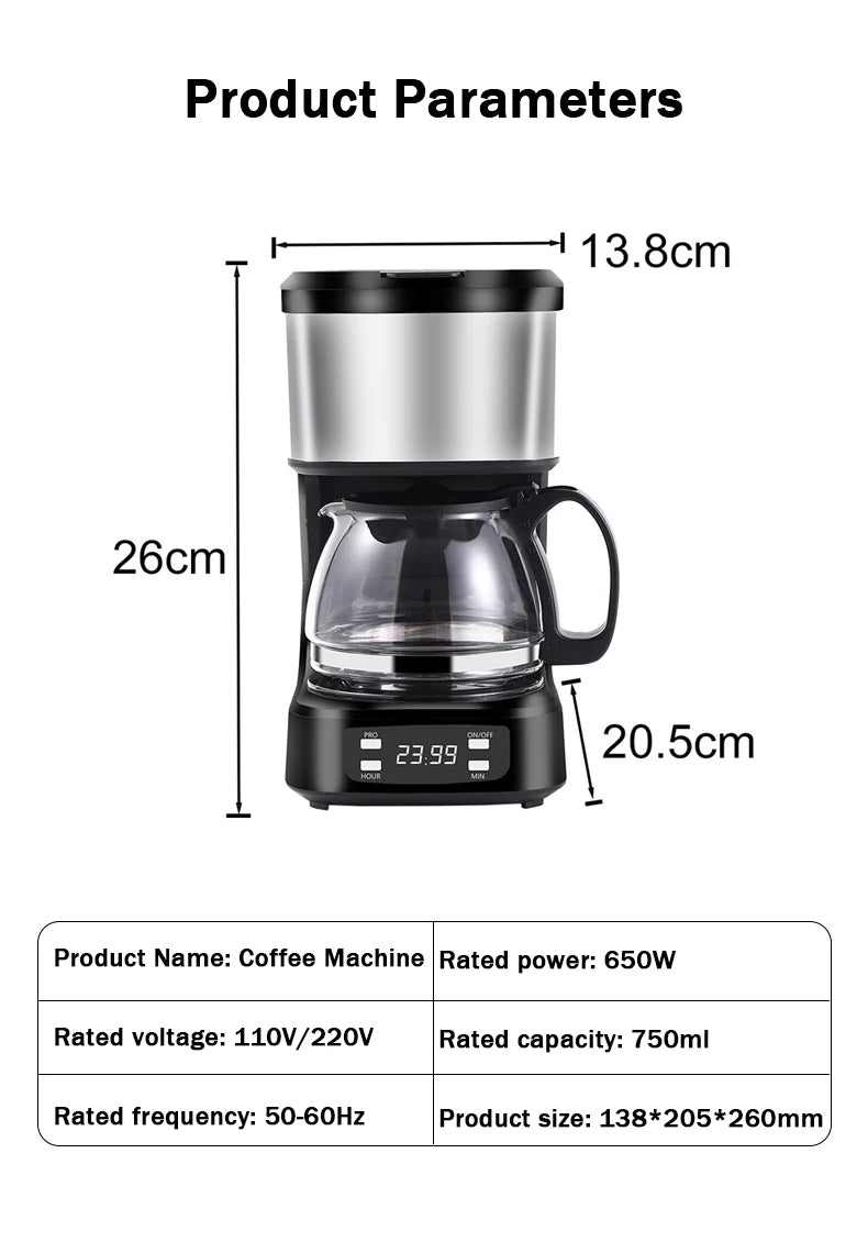 Black and silver 650W drip coffee maker with 750ml glass carafe, digital timer display, and 138x205x260mm dimensions.