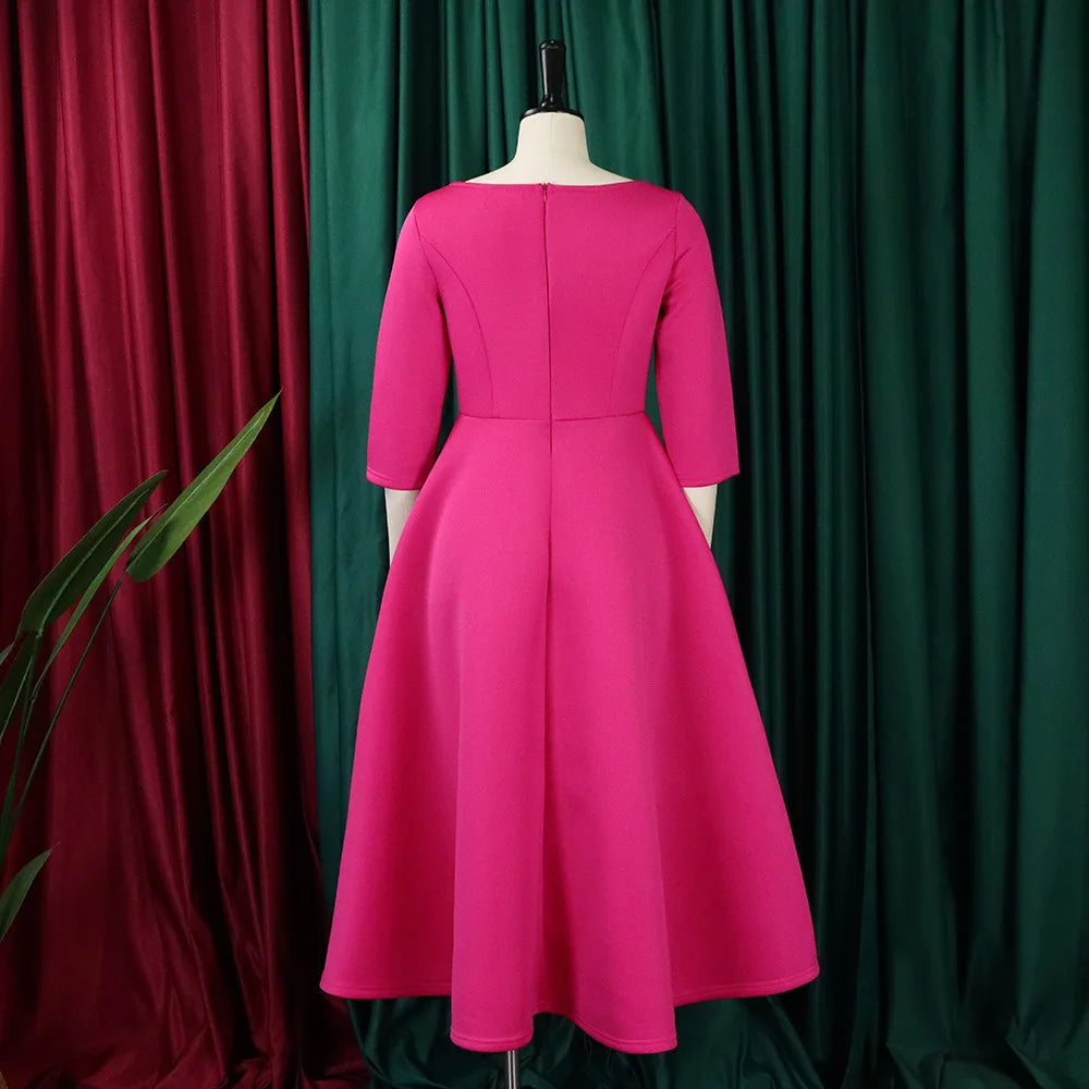 Elegant Pure Color Maxi Dress Evening Gown A- Line Skirt Polyester Fabric round Neck Short Sleeve High Waist Midi Dress