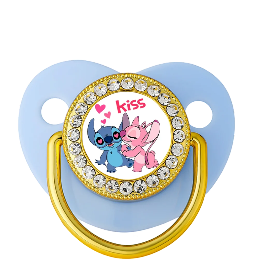 Blue silicone baby teething pacifier featuring Stitch and Angel with a gold crystal design for soothing teething pain.