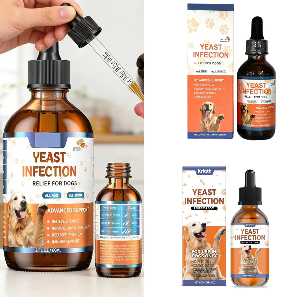60ml dog yeast infection relief drops with dropper for healthy skin, coat, and itch relief in amber glass bottle.