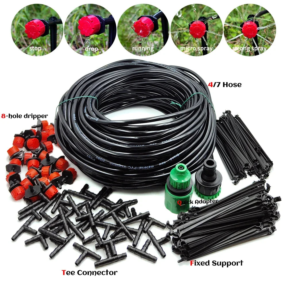 DIY drip irrigation hose kit bundle with coiled black tube, red drippers, tees, and supports