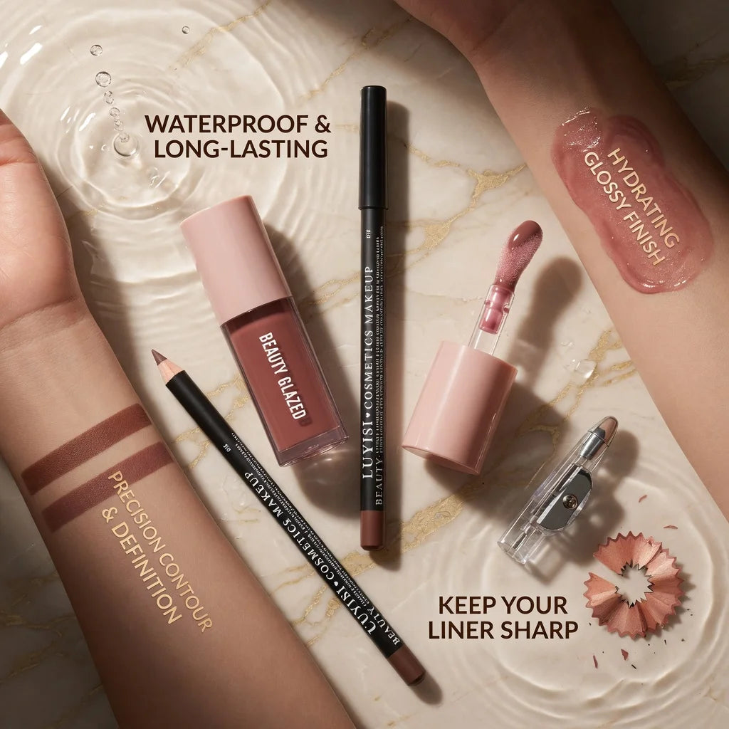 3pcs lip makeup set with nude lip liner, hydrating gloss, and sharpener on marble background.