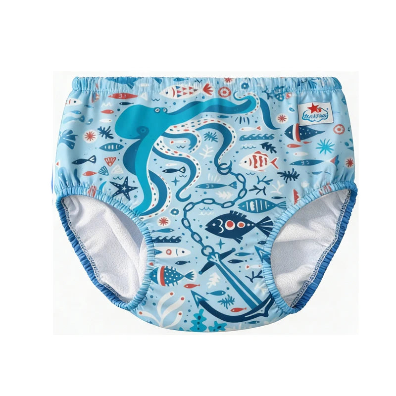 iPlay baby swim diaper with blue octopus and anchor sea life print. Reusable water diaper for babies.