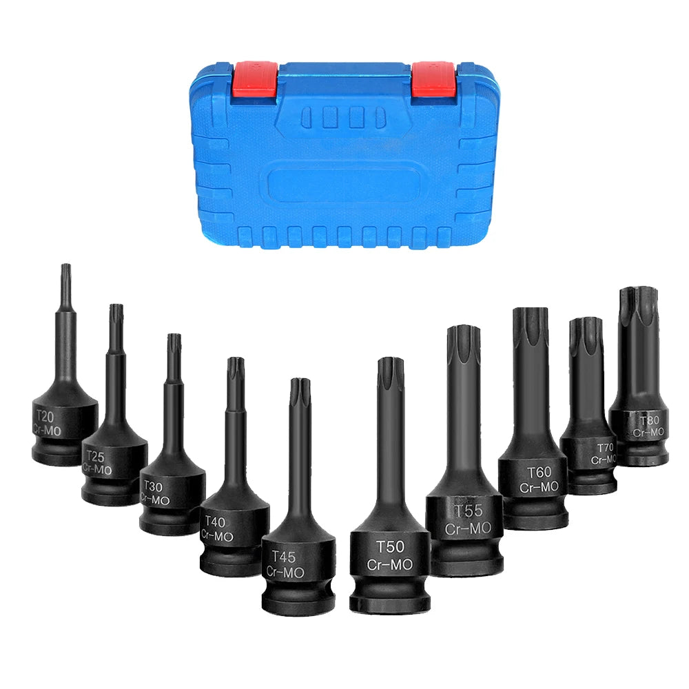 Podofo 10Pcs Hex Allen Torx Impact Socket Bit Set 1/2 Inch Drive T20 T25 T30 T80 with Tool Box for Car Garage Repair